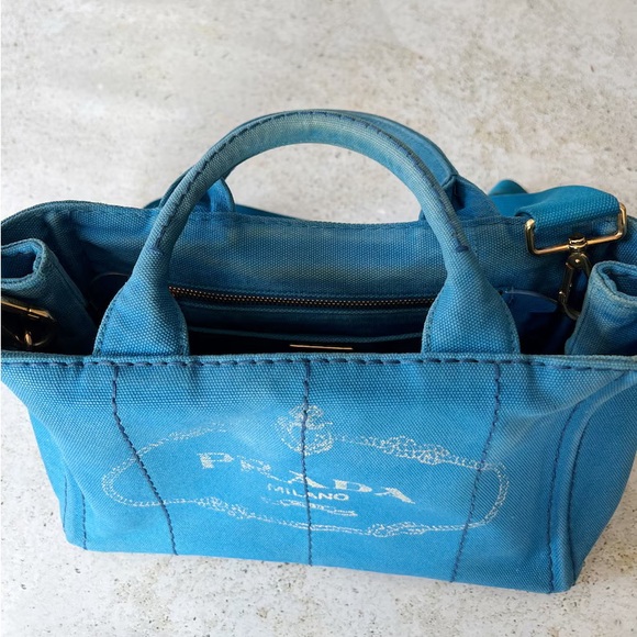 🩵 Vintage PRADA Canapa Mini Tote Bag Purse Blue - Picture 7 of 9